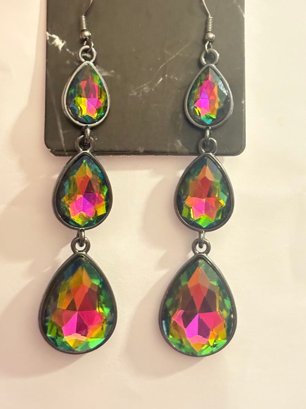 Vintage Rainbow Crystal Teardrop Dangle Earrings